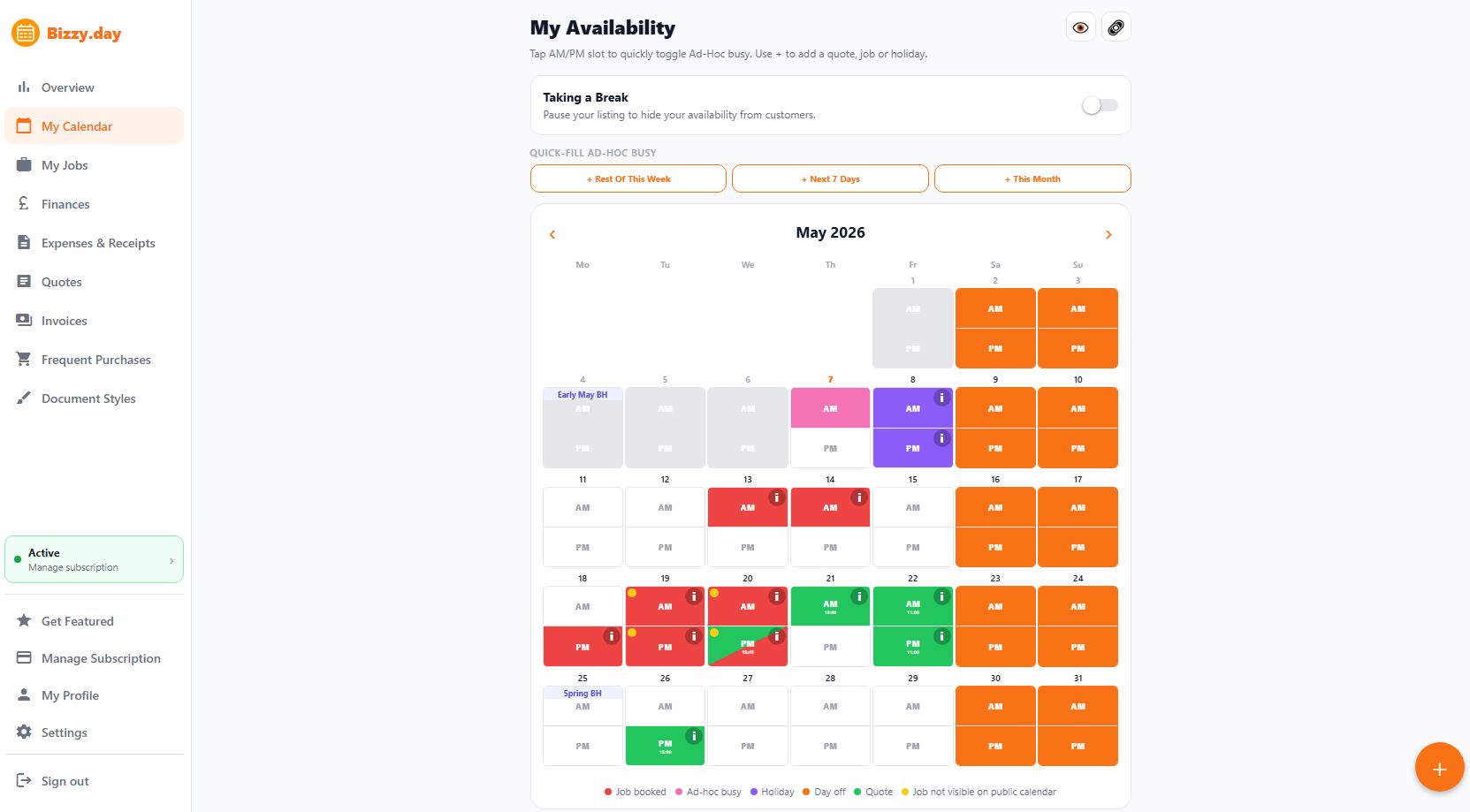 Bizzy Day tradesperson portal — calendar, jobs, finances and more